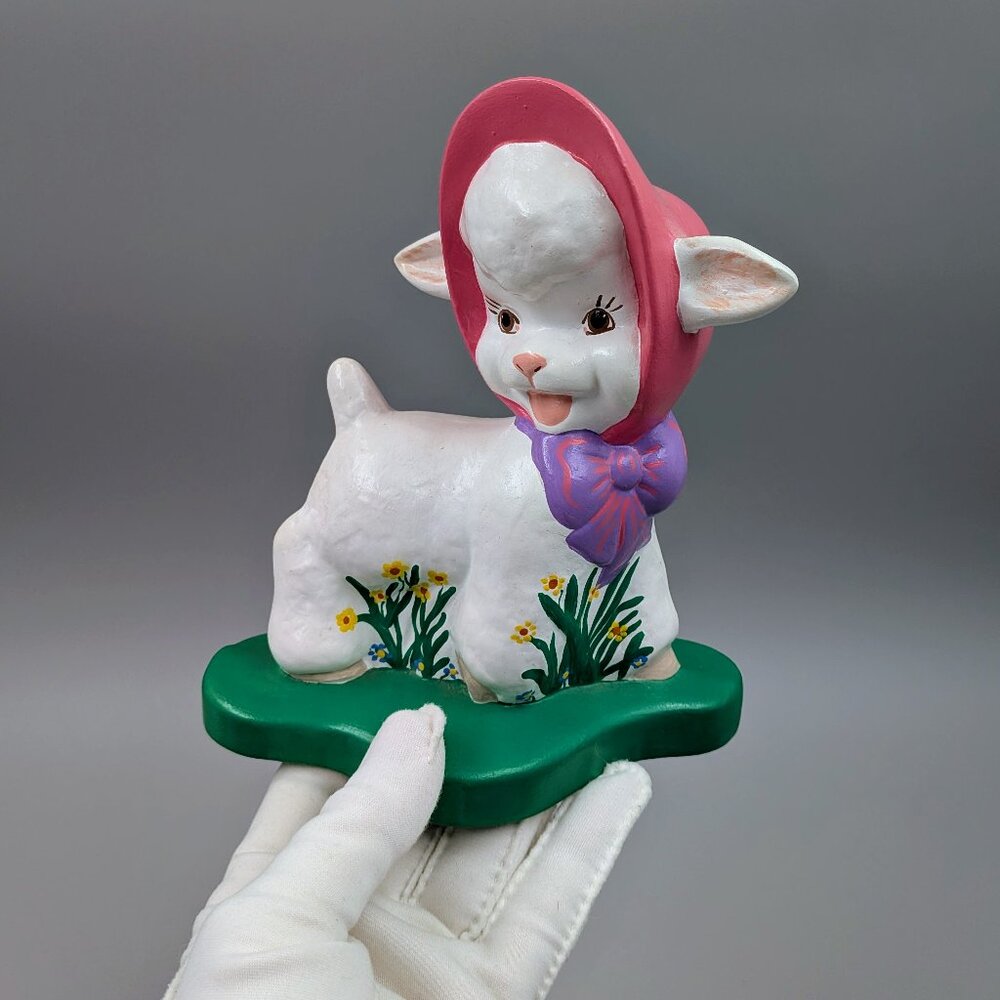 Vintage Hand-Painted Hobby Mold Ceramic Lamb – Retro Sheep in Pink Bonnet